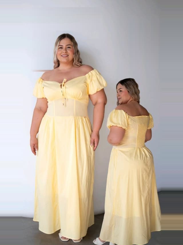 Vestido largo amarillo de hombros descubiertos, vestidos en El Baúl de la Moda, Jamundí